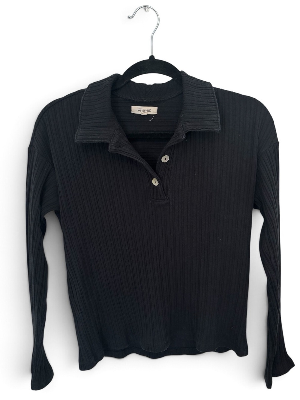 Madewell Black Ribbed Polo Top Long Sleeve XXS